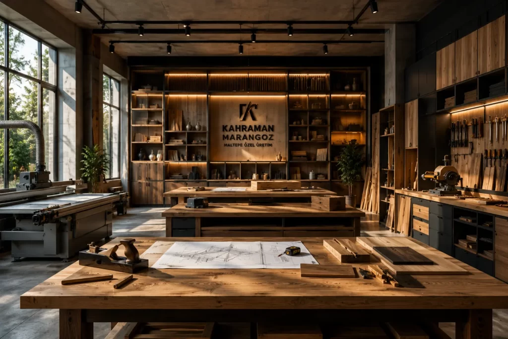 Woodworking workshop with large central workbench, shelves full of tools, and a sign reading KAHRAMAN MARANGOZ on the back wall.