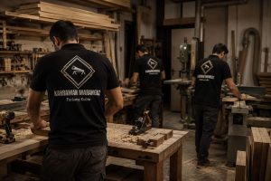 Three woodworkers in a workshop wearing matching black shirts with a diamond logo, cutting and planing wood on benches among stacked lumber.