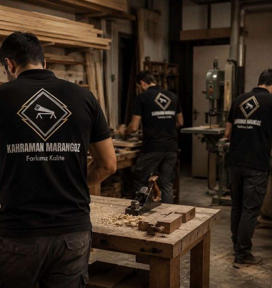 Three woodworkers in a workshop wearing matching black shirts with a diamond logo, cutting and planing wood on benches among stacked lumber.